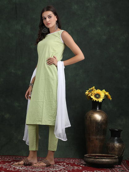 sleevless teek green kurti with pant suit set