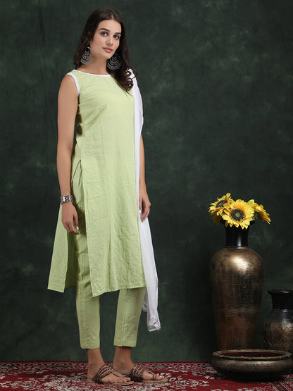 sleevless teek green kurti with pant suit set