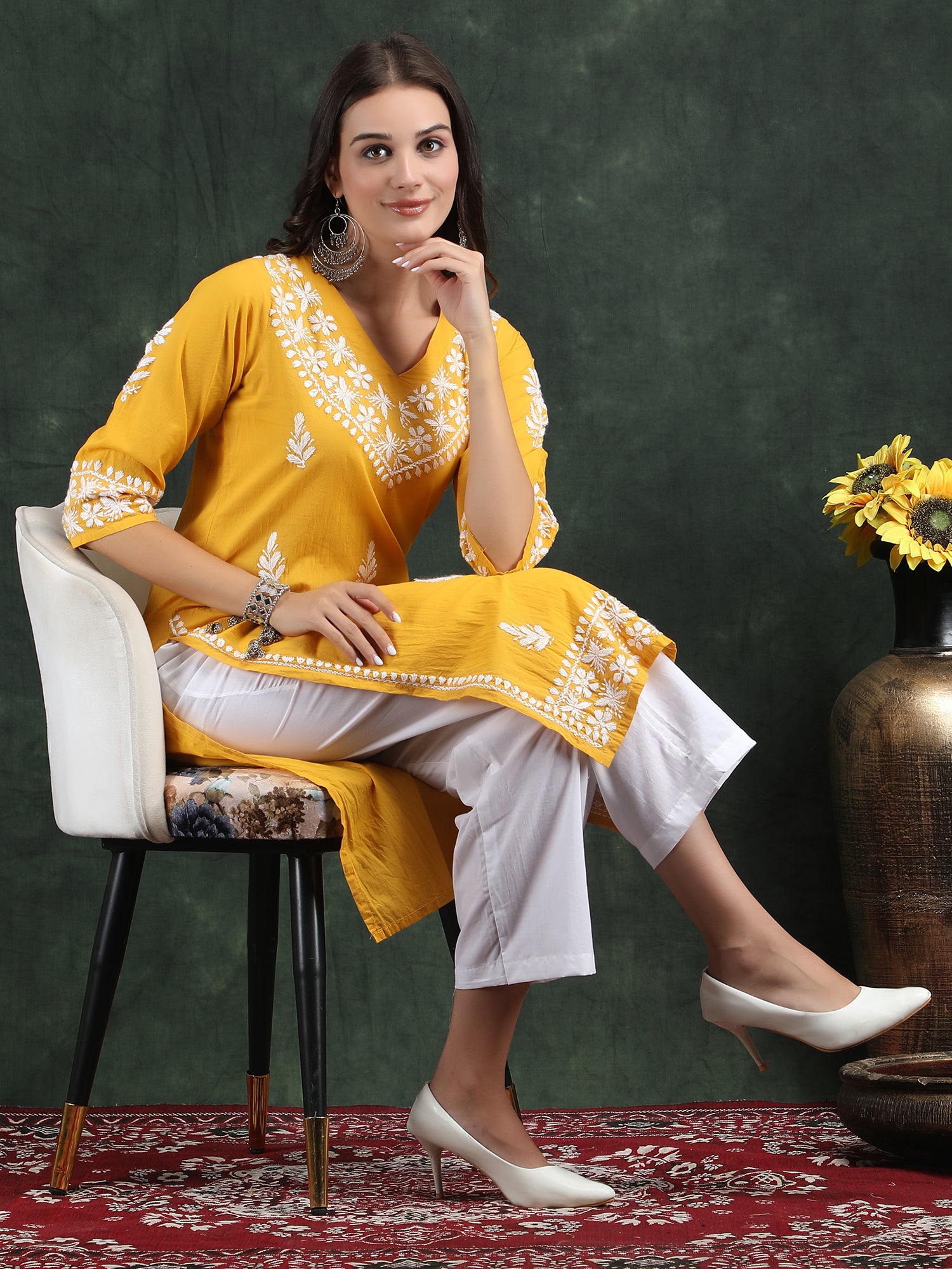 Lucknow Hand Embroidery Chikankari suit set Yellow