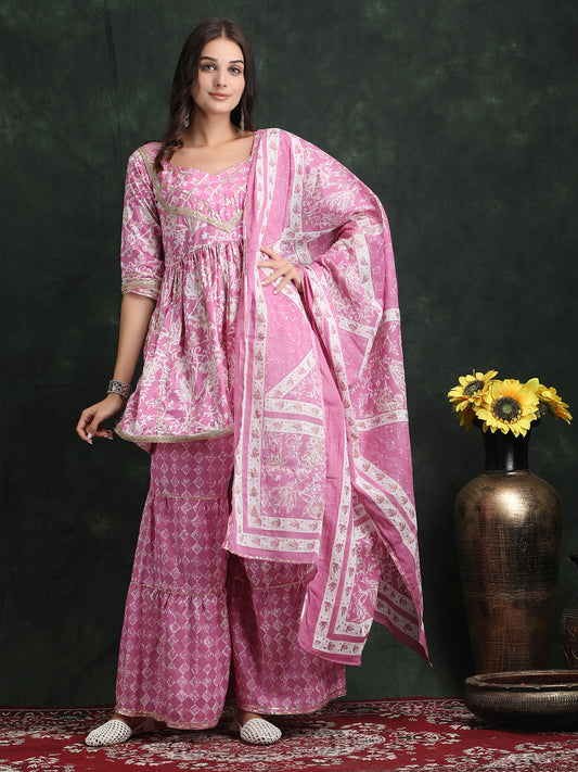 suit set pink floral print sarara set from label preesha